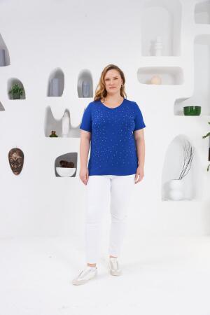 Taş İşlemeli Bisiklet Yaka Büyük Beden Tişört Saks - 4