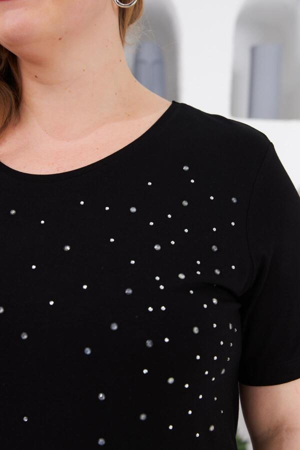 Taş İşlemeli Bisiklet Yaka Büyük Beden Tişört Siyah - 2
