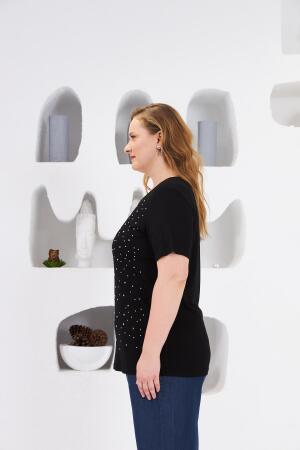 Taş İşlemeli Bisiklet Yaka Büyük Beden Tişört Siyah - 3