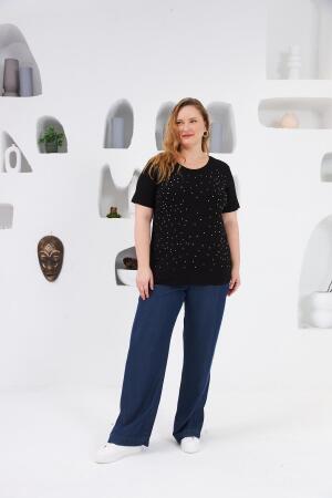 Taş İşlemeli Bisiklet Yaka Büyük Beden Tişört Siyah - 4