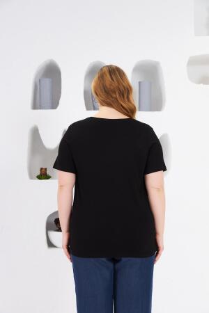 Taş İşlemeli Bisiklet Yaka Büyük Beden Tişört Siyah - 5