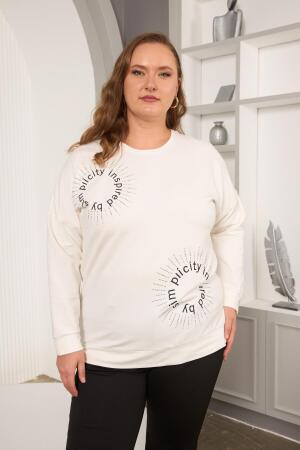 Taş Ve Nakışlı Büyük Beden Sweatshirt Beyaz - RMG