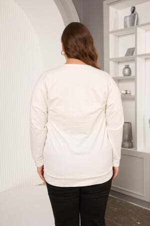 Taş Ve Nakışlı Büyük Beden Sweatshirt Beyaz - 4