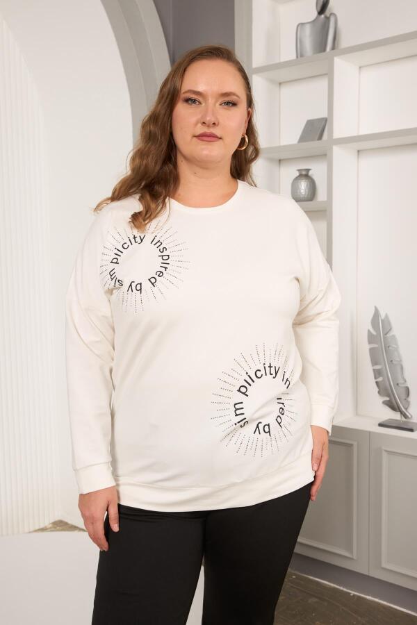 Taş Ve Nakışlı Büyük Beden Sweatshirt Beyaz - 1