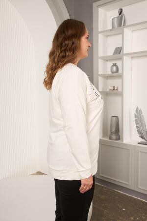 Taş Ve Nakışlı Büyük Beden Sweatshirt Beyaz - 3