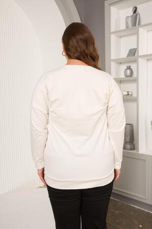 Taş Ve Nakışlı Büyük Beden Sweatshirt Beyaz - 4