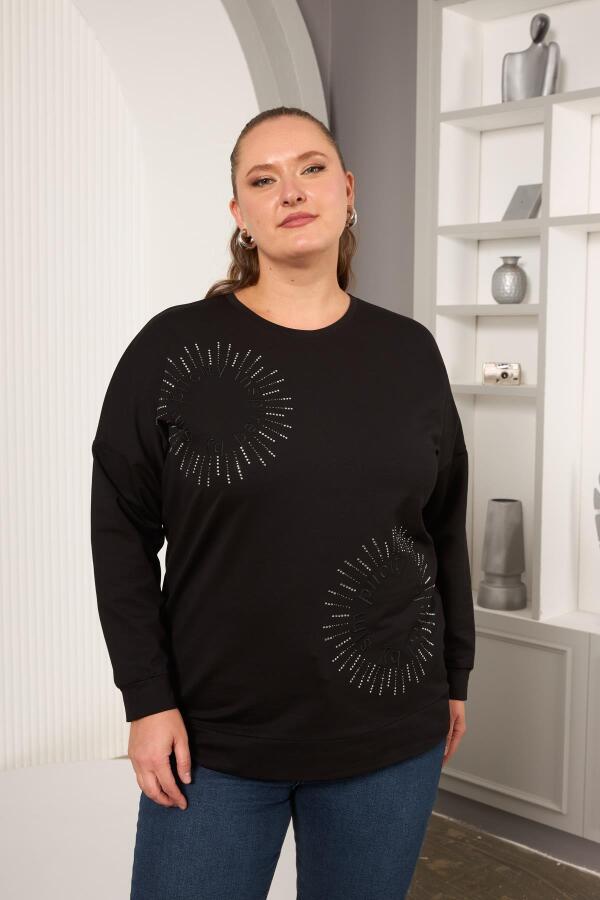 Taş Ve Nakışlı Büyük Beden Sweatshirt Siyah - 1
