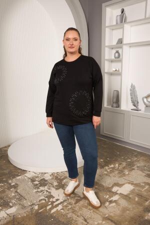 Taş Ve Nakışlı Büyük Beden Sweatshirt Siyah - 5