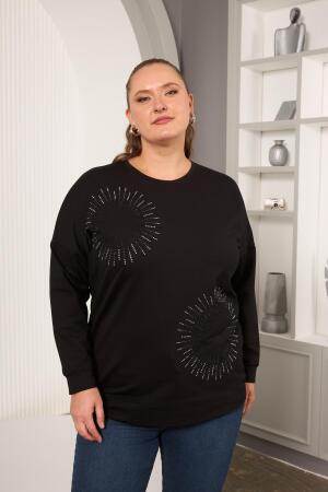Taş Ve Nakışlı Büyük Beden Sweatshirt Siyah - 1