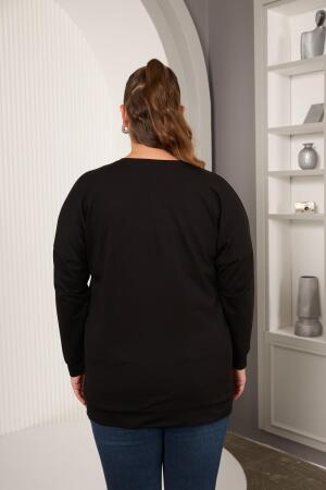 Taş Ve Nakışlı Büyük Beden Sweatshirt Siyah - 4