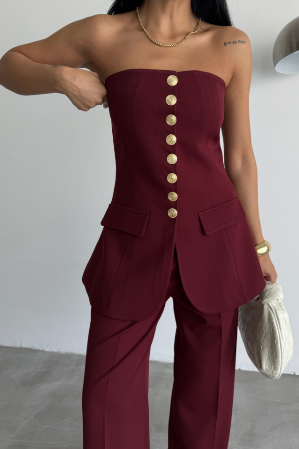 TASARIM GOLD DÜĞMELİ STRAPLEZ YELEK - Bordo - 3