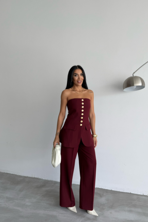 TASARIM GOLD DÜĞMELİ STRAPLEZ YELEK - Bordo - 4