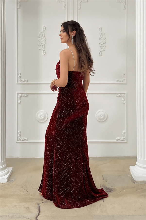 Taşlı Jakar Kumaş Askılı Abiye Elbise - BORDO - 5