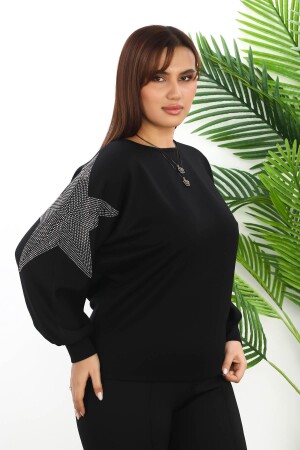 Taşlı Yıldız Baskılı Modal Kumaş Büyük Beden Bluz Siyah - 1