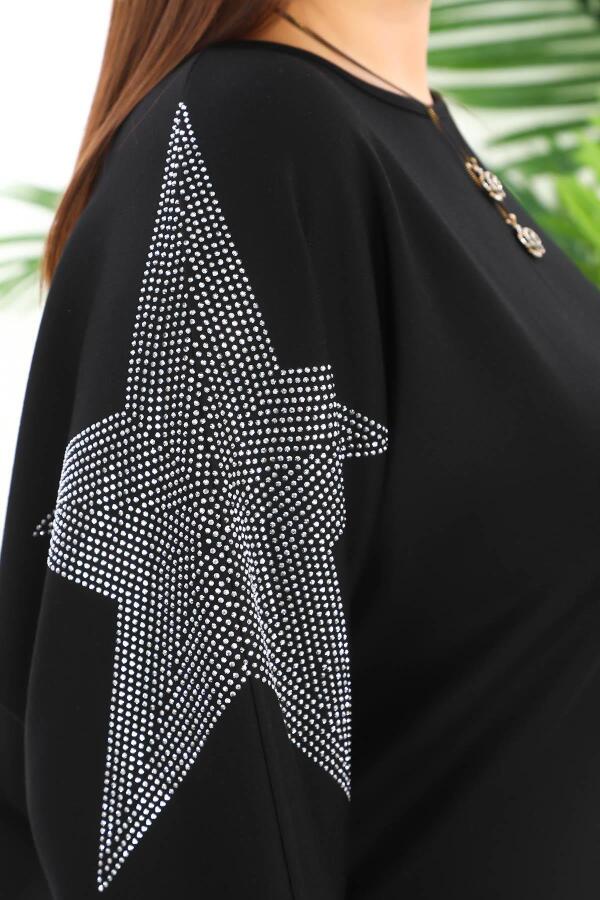Taşlı Yıldız Baskılı Modal Kumaş Büyük Beden Bluz Siyah - 5