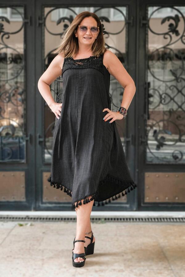 Tassel Detail Sleeveless Linen Dress Black - 1