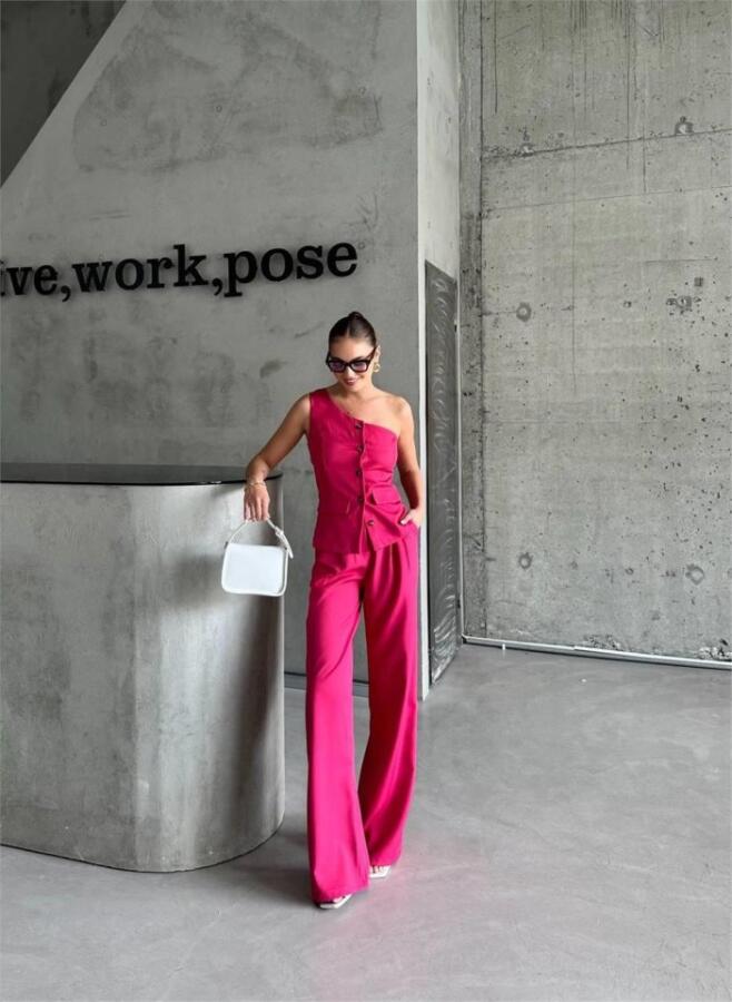 TEK KOL YELEK - PANTOLON TAKIM ATLAS - Fuşya - 2