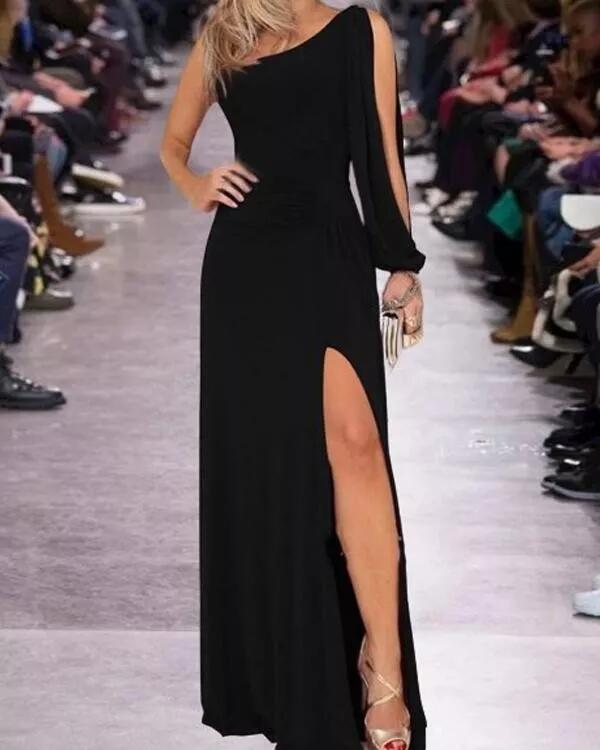 Tek Omuz Açık Derin Yırtmaçlı Krep Tam Boy Elbise - 2