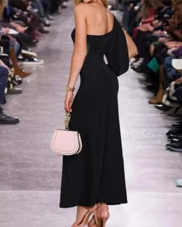 Tek Omuz Açık Derin Yırtmaçlı Krep Tam Boy Elbise - ANGELINO BuyukBedeniz (1)