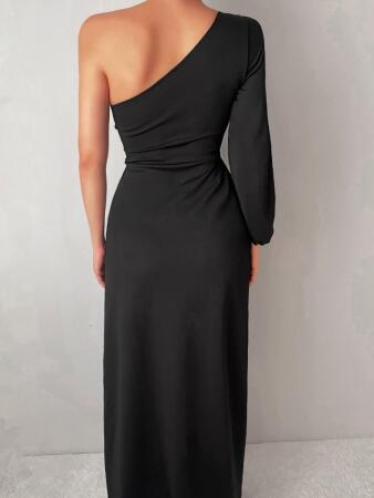 Tek Omuz Açık Derin Yırtmaçlı Krep Tam Boy Elbise - 3