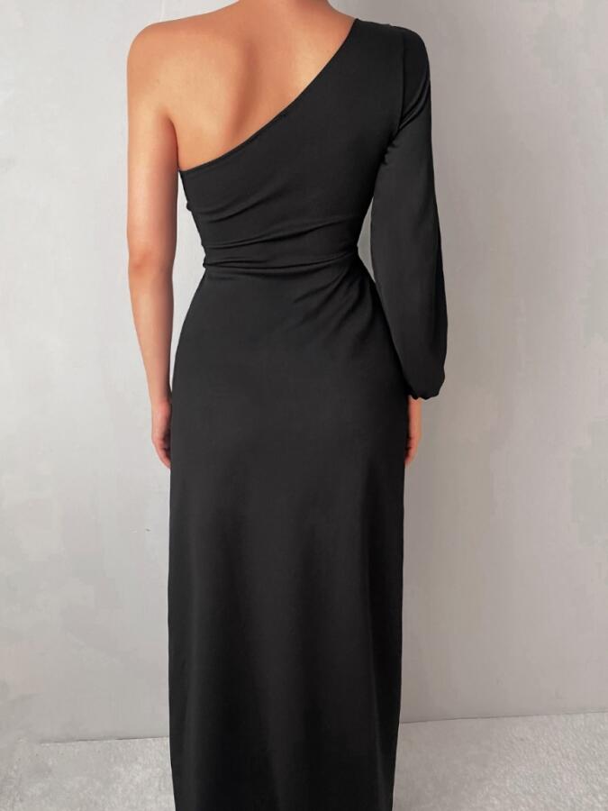 Tek Omuz Açık Derin Yırtmaçlı Krep Tam Boy Elbise - 3
