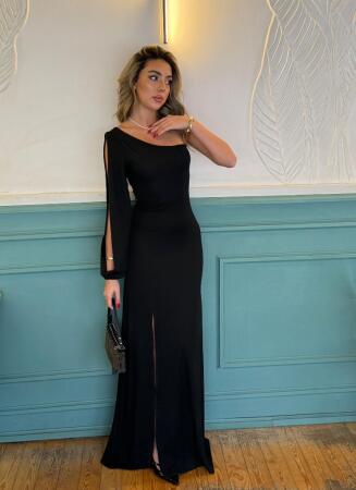 Tek Omuz Açık Derin Yırtmaçlı Krep Tam Boy Elbise - 10