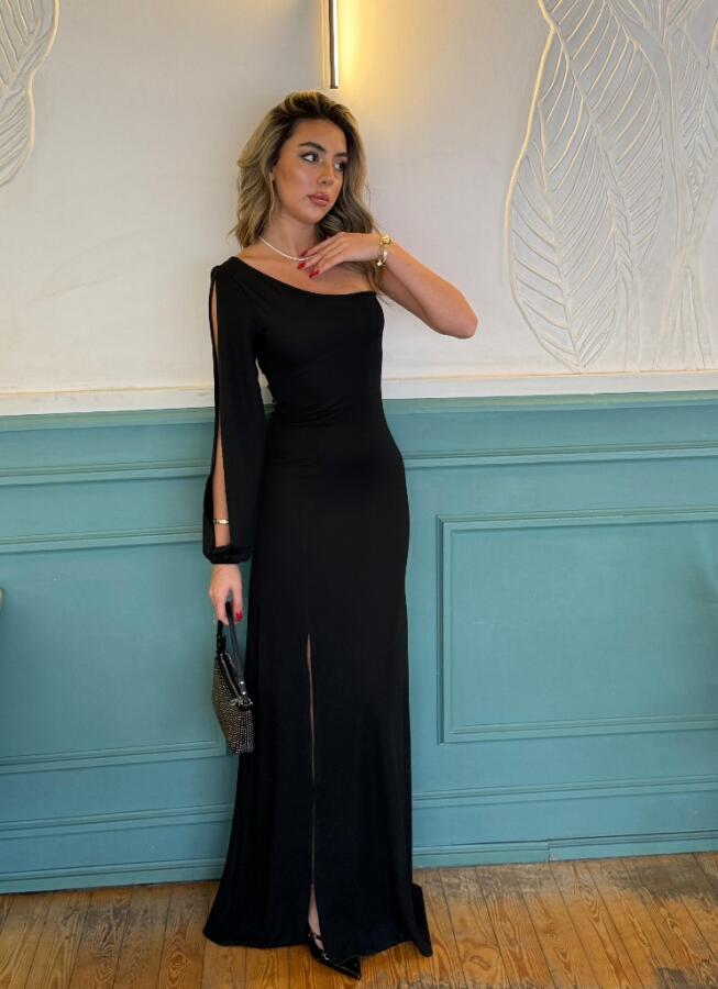 Tek Omuz Açık Derin Yırtmaçlı Krep Tam Boy Elbise - 10