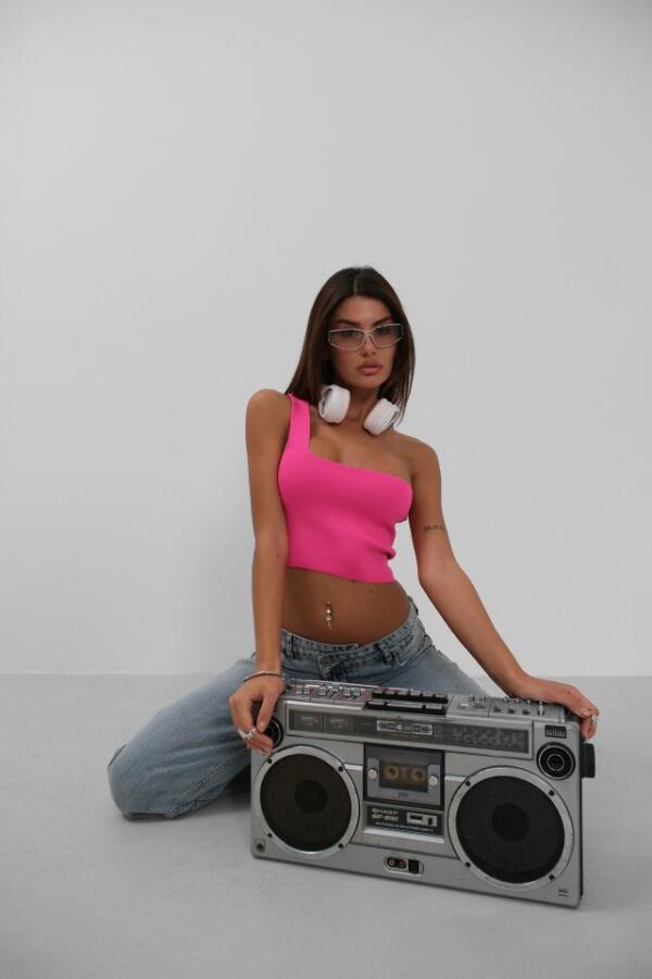 Tek Omuz Crop Bluz - 1