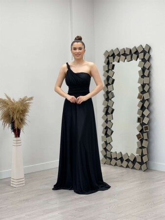 Tek Omuz Simli Tül Elbise - SİYAH - Angelino Moda (1)