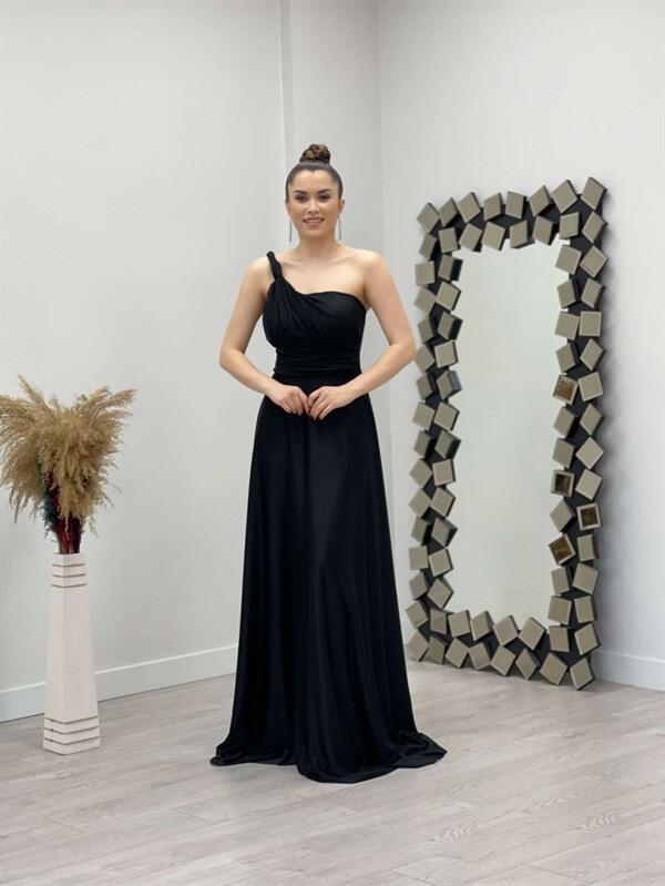 One Shoulder Glittery Tulle Dress - BLACK - 2