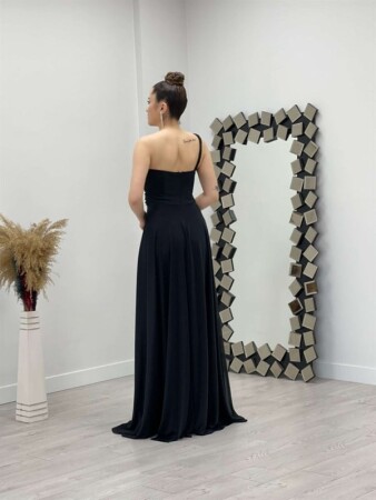 One Shoulder Glittery Tulle Dress - BLACK - 5