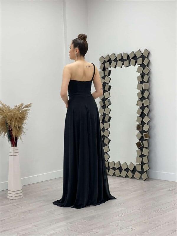 One Shoulder Glittery Tulle Dress - BLACK - 5