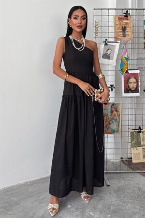Tek Omuzlu Pile Detay Maxi Elbise 2895 - 5