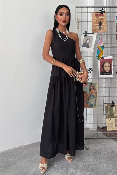 Tek Omuzlu Pile Detay Maxi Elbise 2895 - 5