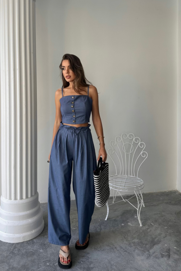 TENCEL CROP ASKILI BLUZ - ŞALVAR PANTOLON TK - İndigo - 1