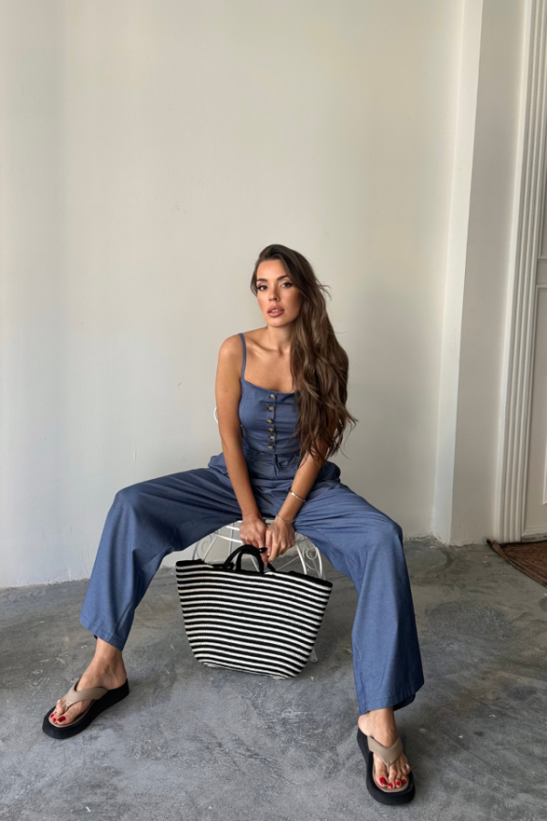 TENCEL CROP ASKILI BLUZ - ŞALVAR PANTOLON TK - İndigo - 2