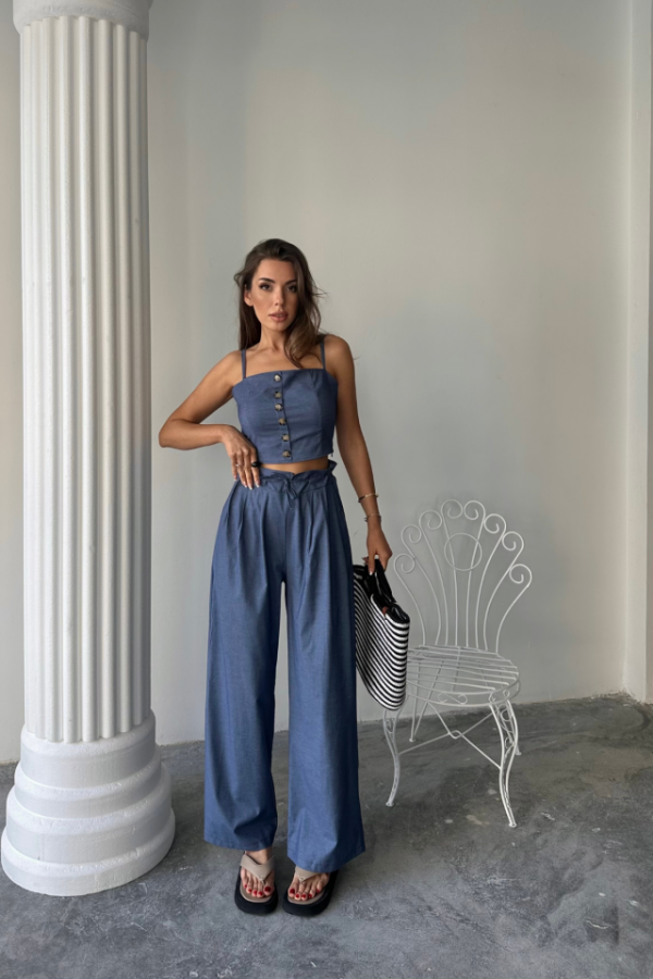 TENCEL CROP ASKILI BLUZ - ŞALVAR PANTOLON TK - İndigo - 4