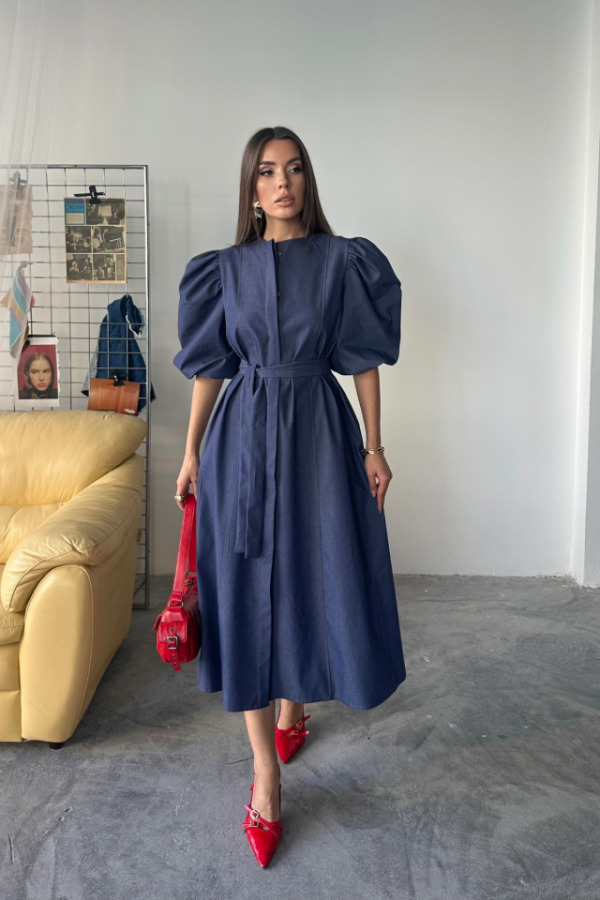 TENCEL KARPUZ KOL ELBİSE - İndigo - 1