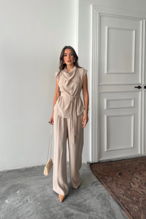 TENCEL MODAL KOLSUZ BLUZ KAPALI CEP DETAYLI DÖKÜMLÜ - PANTOLON TAKIM - Bej - 1
