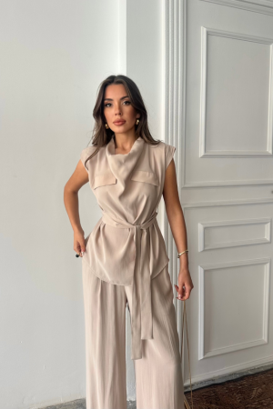 TENCEL MODAL KOLSUZ BLUZ KAPALI CEP DETAYLI DÖKÜMLÜ - PANTOLON TAKIM - Bej - 2