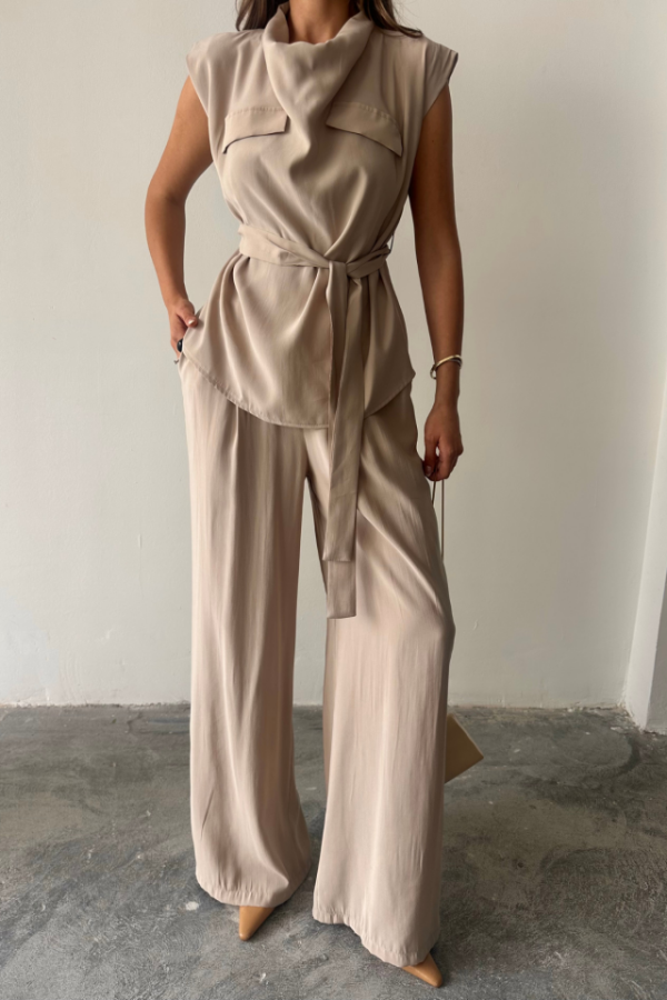 TENCEL MODAL KOLSUZ BLUZ KAPALI CEP DETAYLI DÖKÜMLÜ - PANTOLON TAKIM - Bej - 3