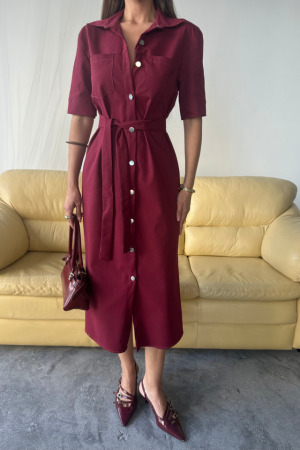 TENCEL ÖNDEN DÜĞMELİ KISA KOL ELBİSE - Bordo - ANGELINO BuyukBedeniz (1)
