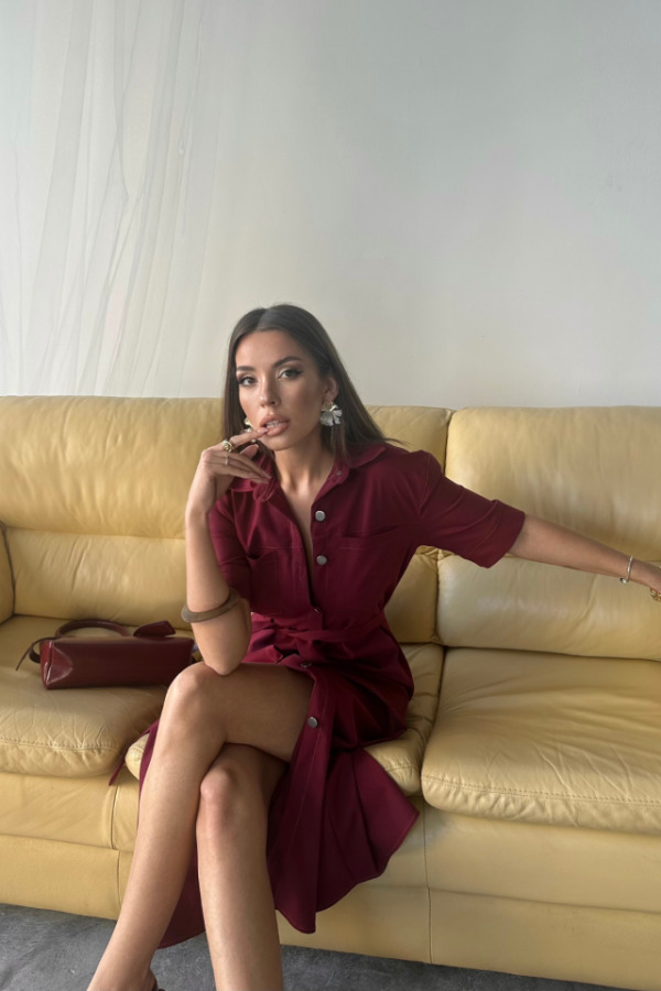 TENCEL ÖNDEN DÜĞMELİ KISA KOL ELBİSE - Bordo - 3