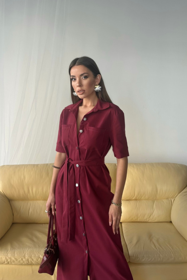 TENCEL ÖNDEN DÜĞMELİ KISA KOL ELBİSE - Bordo - 4