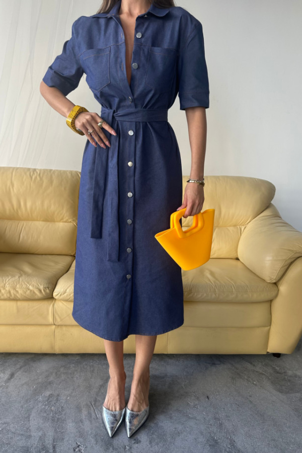 TENCEL ÖNDEN DÜĞMELİ KISA KOL ELBİSE - Mavi - 3