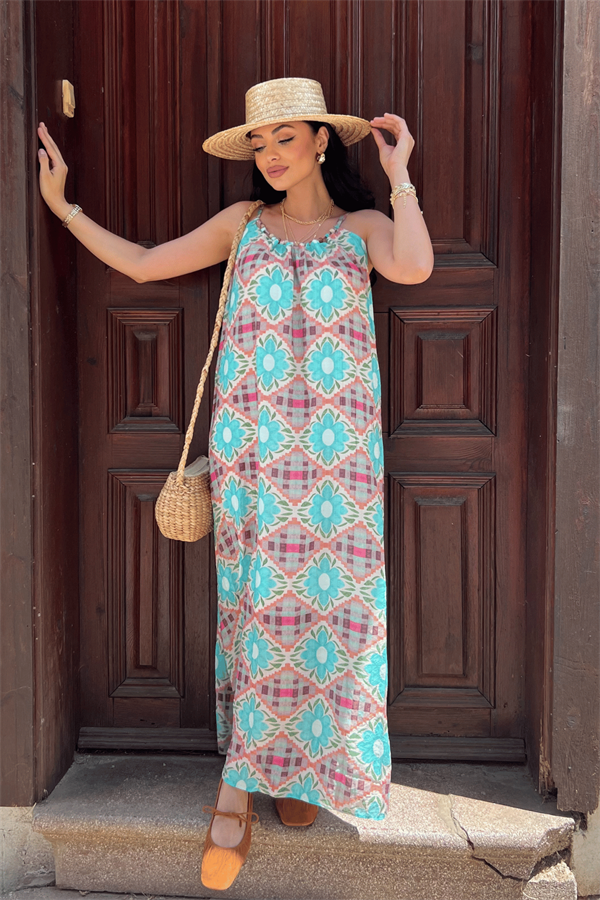 Tensel Kraşlı Kumaş Boncuk Detaylı Askılı Elbise - MAVİ - 1