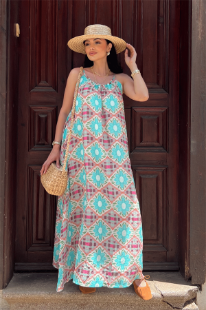 Tensel Kraşlı Kumaş Boncuk Detaylı Askılı Elbise - MAVİ - Angelino Moda (1)