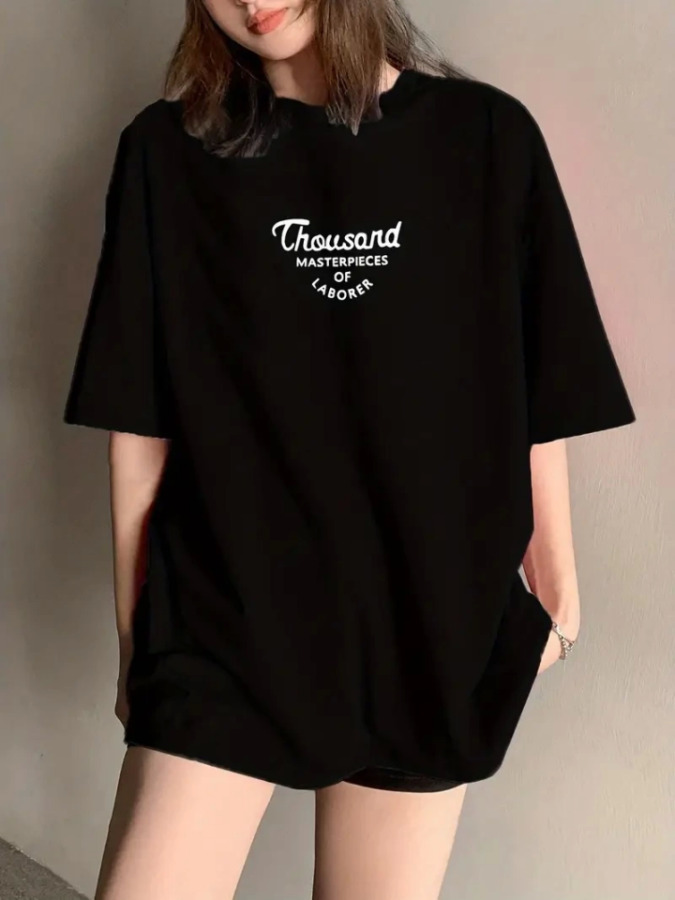 Thousand Baskılı Oversize Bisiklet Yaka T-shirt - Siyah - 1