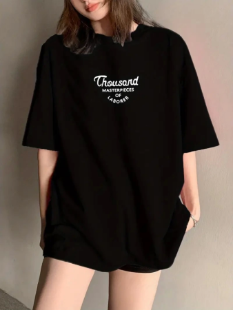 Thousand Baskılı Oversize Bisiklet Yaka T-shirt - Siyah - 1