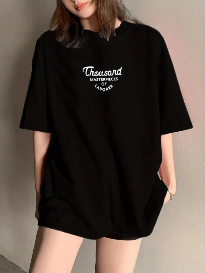 Thousand Baskılı Oversize Bisiklet Yaka T-shirt - Siyah - 1